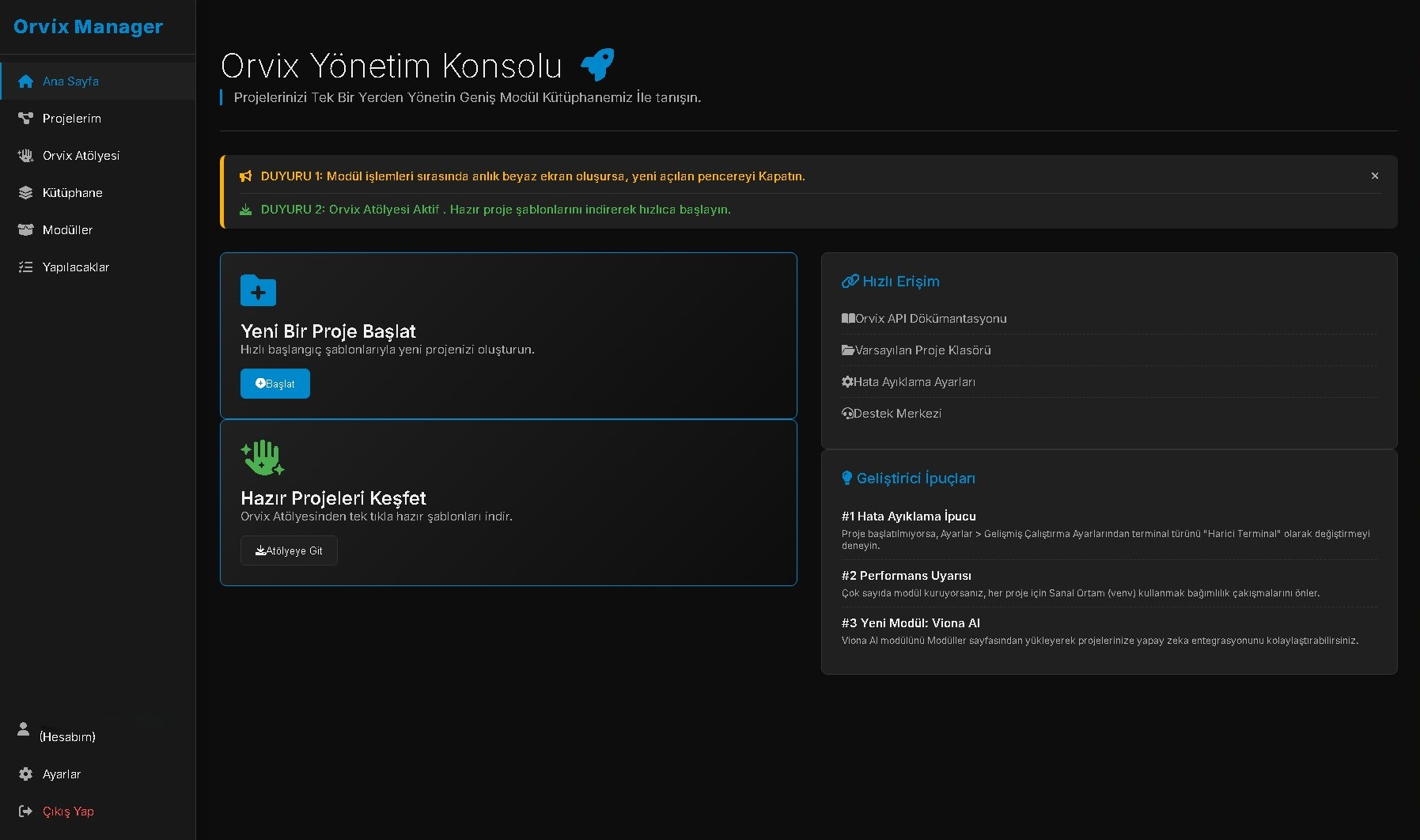 Orvix Manager v1.3 Ana Ekran Görüntüsü